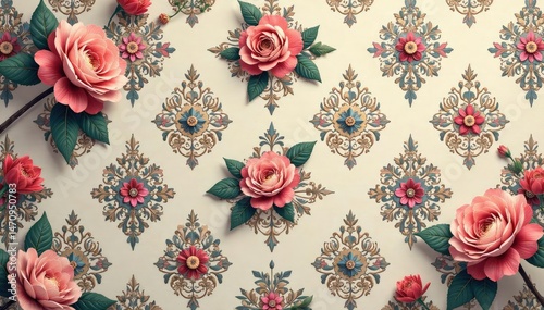 Wallpaper Mural Intricate floral damask wallpaper in muted tones, ornate, fabric, pastel Torontodigital.ca