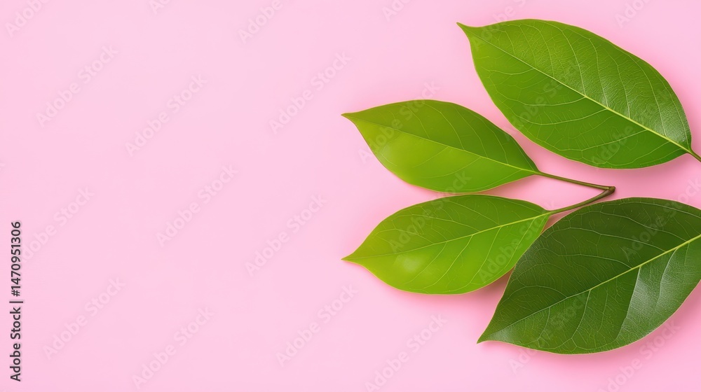 Fototapeta premium Vibrant Green Leaves on Pink Background Minimalist Nature Photography