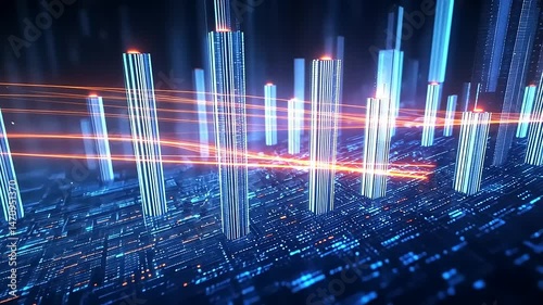 Abstract Futuristic Cityscape with Glowing Neon Blue and Orange Lights Geometric Buildings and Digital Grid in a Modern Architectural Design