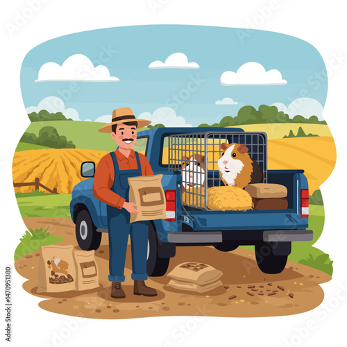 Farmer Loading Guinea Pigs and Feed Into Truck for Transport