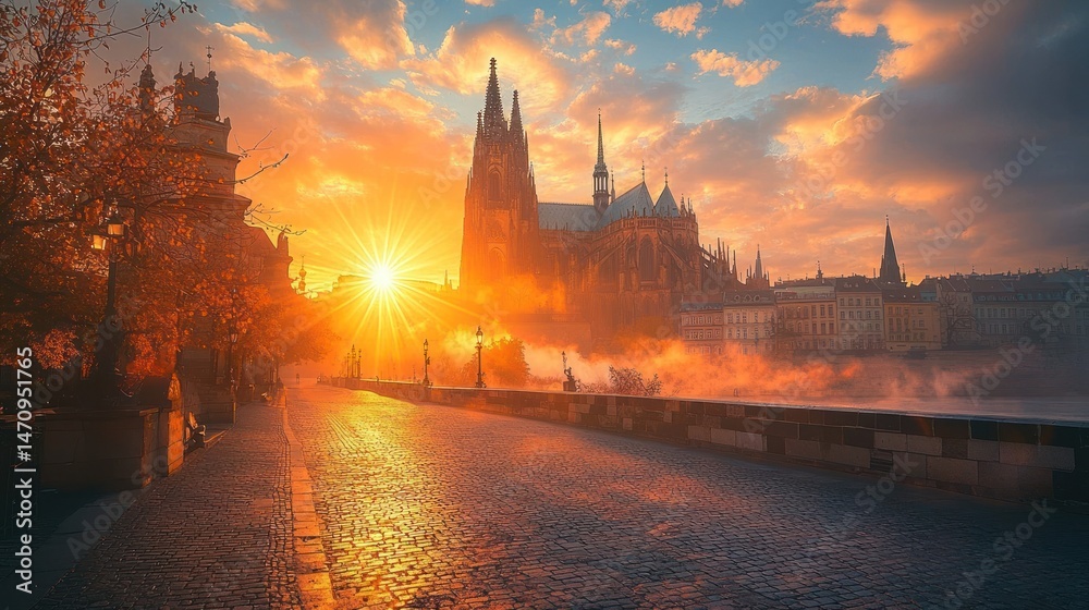Naklejka premium Majestic sunrise over a city cathedral