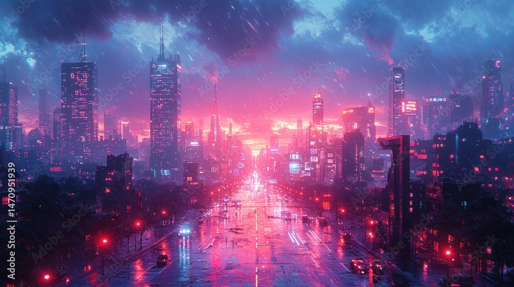 Fototapeta premium Neon-lit cityscape, rain-swept avenue, futuristic buildings