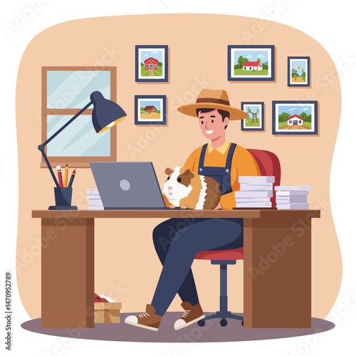 Farmer Working at Desk with Laptop and Guinea Pig Companion