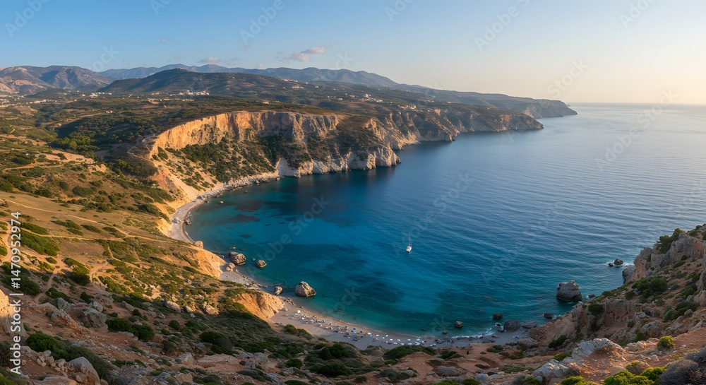 Fototapeta premium Coastal Bay with Clear Turquoise Water and Rocky Cliffs at Sunrise