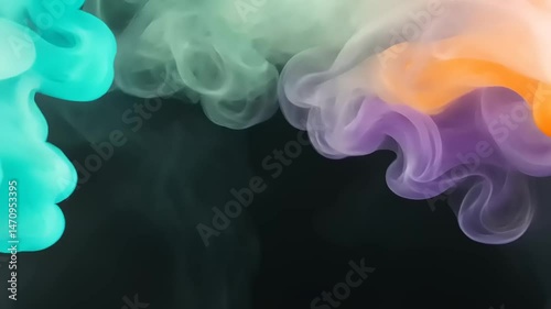 Abstract Motion with Swirling Aqua White Purple and Orange Smoke on a Dark Background Creates a Dynamic and Colorful Visual Effect