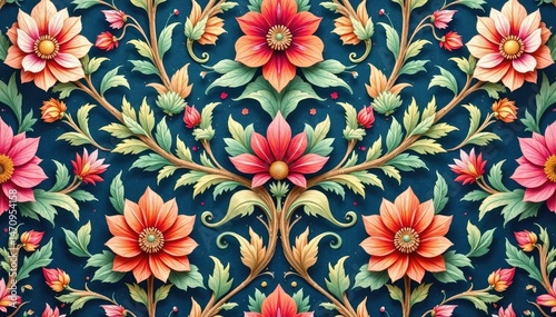 Symmetrical damask pattern with swirling acanthus leaves and blossoms , damask, wallpaper