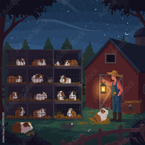 Checking Guinea Pigs in Cages at Night on a Farm