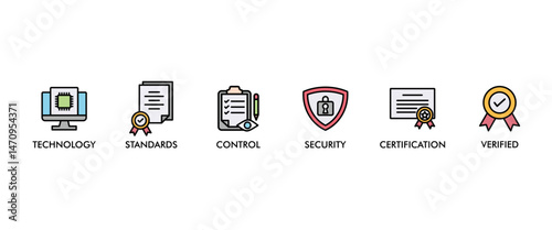 ISO27001 banner web icon vector illustration concept for information security management system (ISMS) with an icon of technology, standards, control, security, certification, and verified