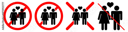 no couple signs with male and female icon, hearts, and red prohibition symbols. Concept for forbidden love, relationship restriction, or dating ban.