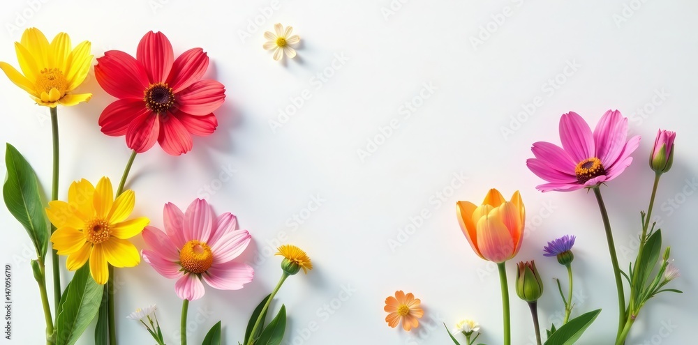 Colorful wild spring flowers on white paper with soft shadows, blooming, nature, delicate