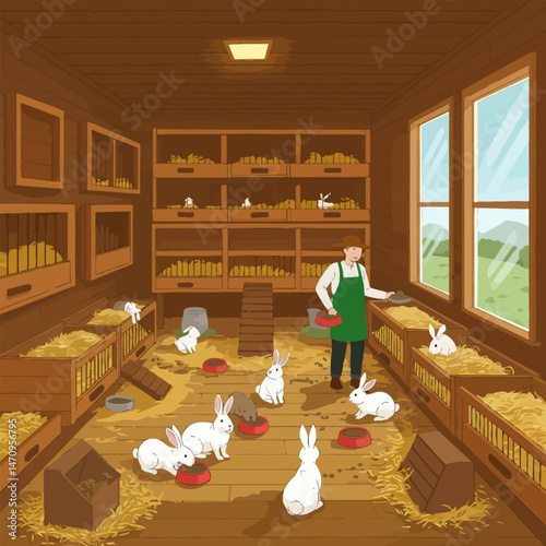 Feeding Rabbits in a Wooden Hutch with Hay and Fresh Air