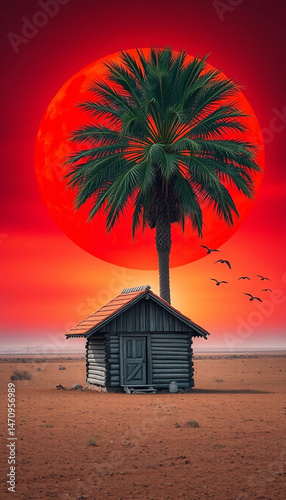Stunning Desert Landscape with Palm Tree, House, and Red sun.