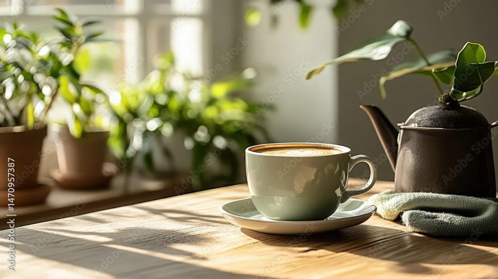 Sunlight Streaming Through Window On Light Green Coffee Cup And Saucer Sunlight Streaming Through Window On Light Green Coffee Cup And Saucer