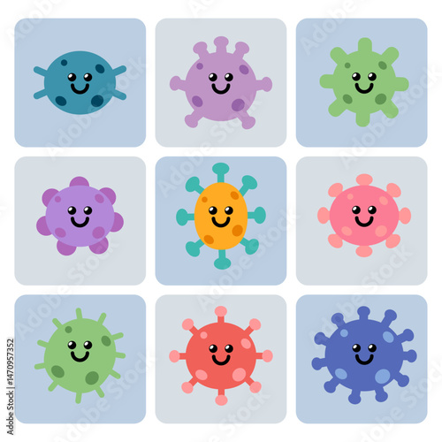 Set of nine colorful and cute cartoon virus, bacteria, or germ icons with smiling faces. Flat design vector style illustration perfect for health, science, or educational concepts for kids