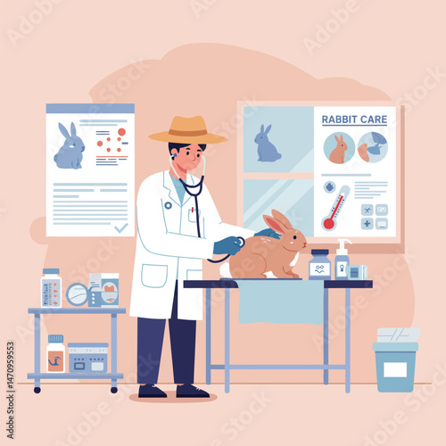 Veterinarian Examining Rabbit with Stethoscope in Clinic for Checkup