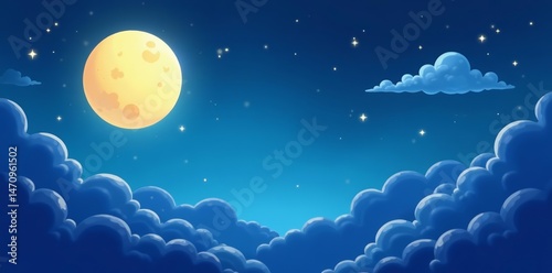 Cute cartoon night sky scene with moon, stars, and clouds, perfect for bedtime stories, bedtime, copy space