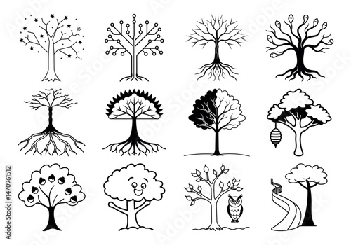 Black Nature Symbol for Climate, Growth, and Ecosystem Themes: Minimalist Oak Tree Line Art sat