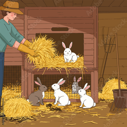 Feeding Rabbits Hay in a Hutch, Farm Illustration Style