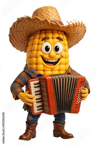 Mascote de milho com roupa junina tocando sanfona – Festa Junina