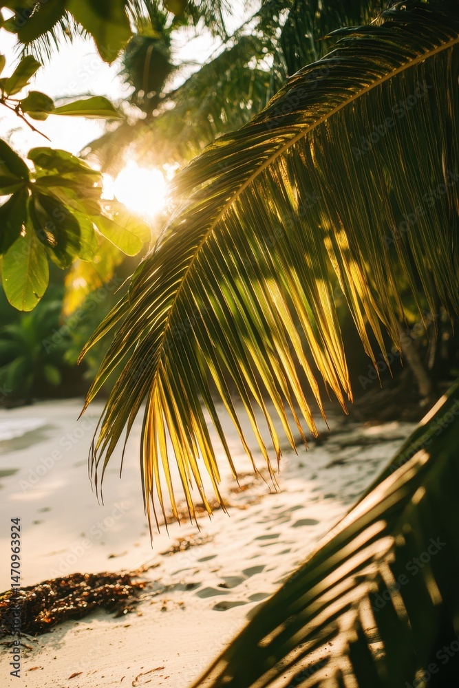 Fototapeta premium Tropical Beach Sunrise through Palm Leaves