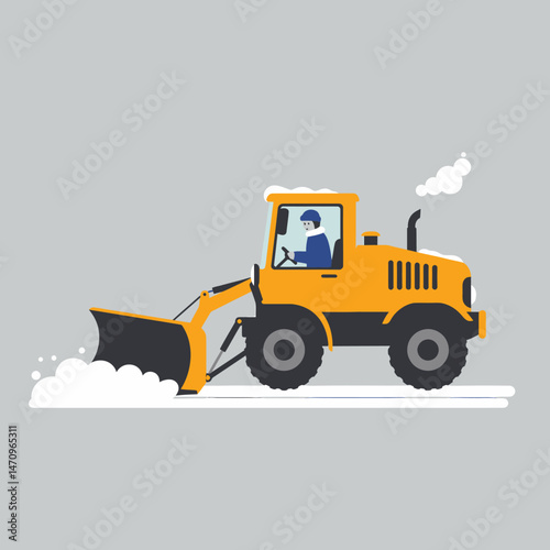 Snowplow Tractor Clearing Snow Covered Road in Winter