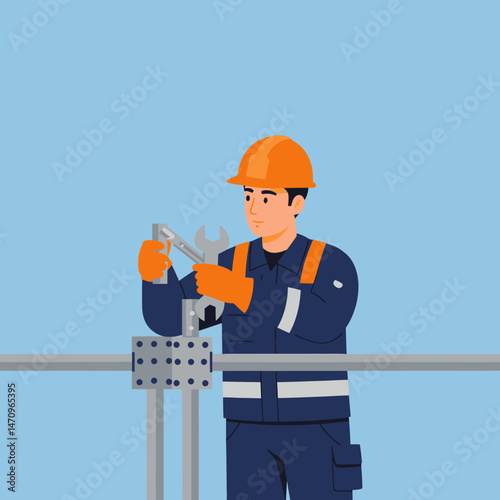 Construction Worker Repairing Metal Structure at Height Illustration