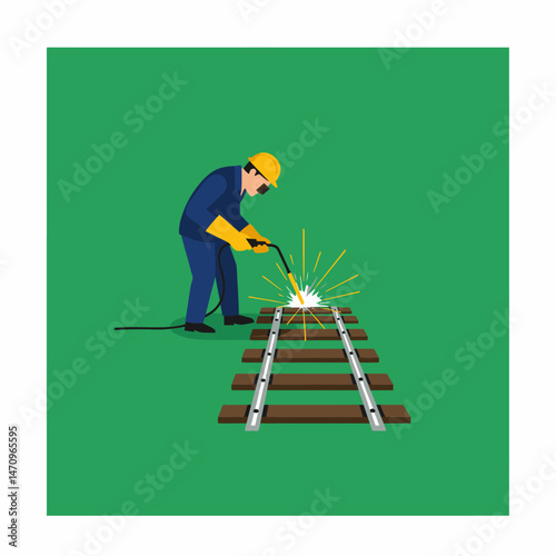 Railway Welder Repairing Train Tracks with Welding Equipment Sparking