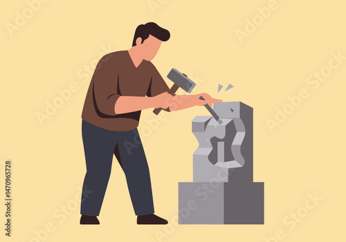 Man Chiseling Sculpture with Hammer and Chisel Vector Illustration