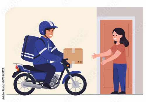 Delivery Service Man on Motorbike Delivering Package to Woman