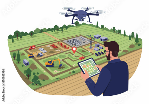 Drone Surveillance Overseeing Construction Site Controlled by Tablet