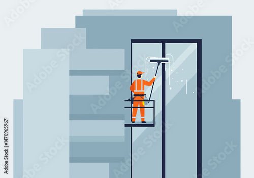 Window Cleaner Performing High Rise Glass Cleaning Task Vector