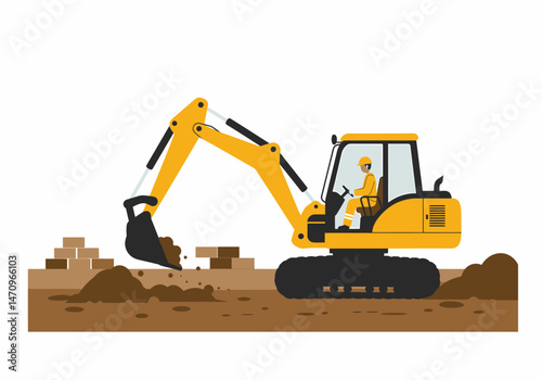 Yellow Excavator Digging Soil and Construction Work Illustration