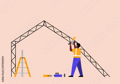 Metal Construction Worker Building Structure Framework With Wrench