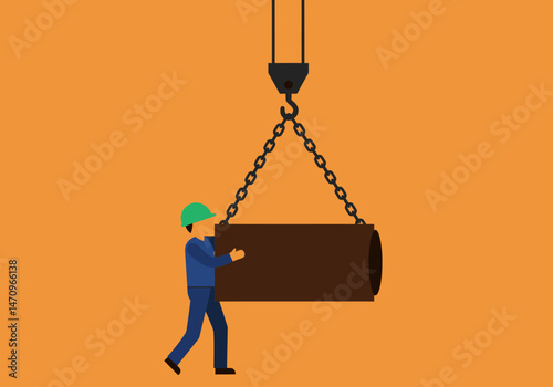 Construction Worker Guiding a Log Suspended by Crane