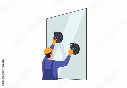 Worker Installing Large Glass Panel with Suction Cups