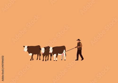 Cattle Herder Silhouette Guiding Livestock Group Simple Illustration