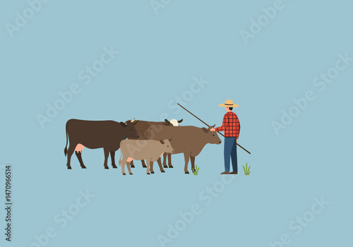 Farmer Guiding His Cattle on an Open Field