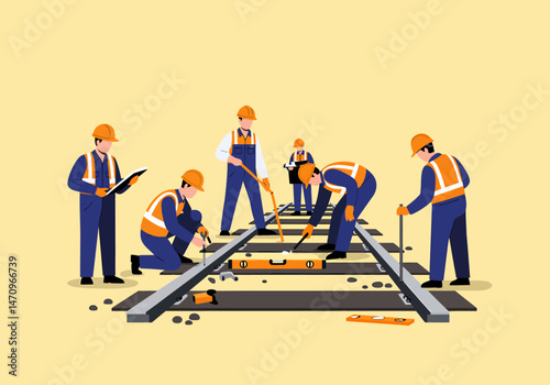 Railway Track Maintenance Team Performing Repairs and Inspections