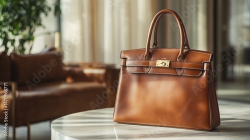 Elegant brown leather handbag on marble table in stylish room