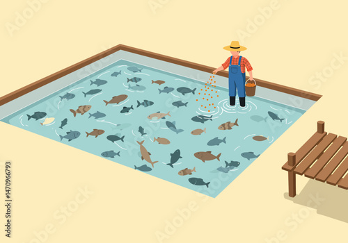 Farmer Feeding Fish in Aquaculture Pond with Pellets