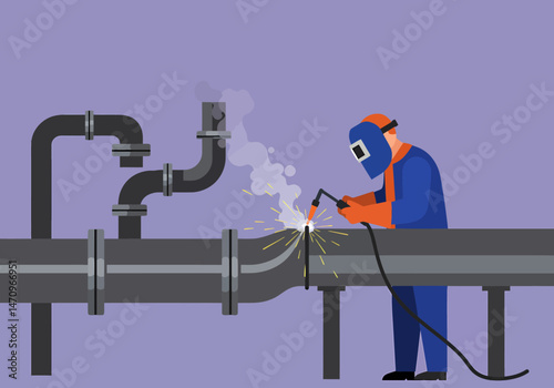 Welder Working on Pipeline Construction Metal Fabrication Process