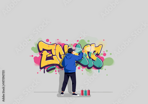 Street Artist Spraying Colorful Graffiti on the Wall Vector Illustration