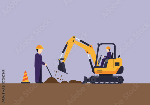Mini Excavator Digging Soil Flat Vector Illustration Design