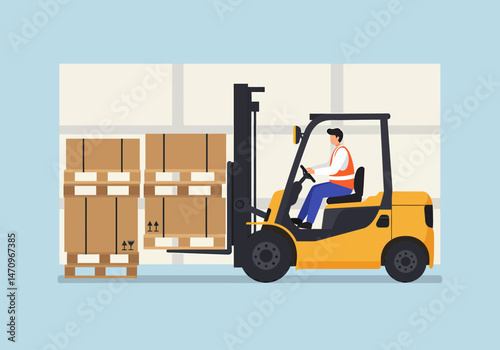 Forklift Operating in Warehouse Carrying Boxes on Pallets