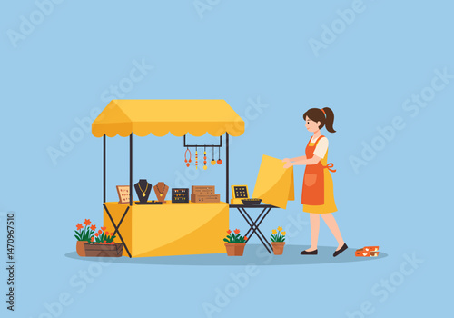 Woman Setting Up Jewelry Stall at Outdoor Market
