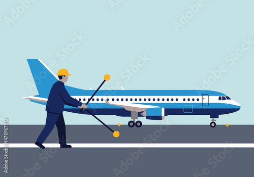 Aircraft Ground Crew Marshalling Airplane at Airport for Departure