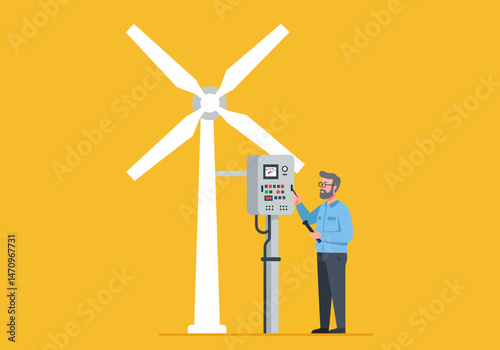 Technician Inspecting Wind Turbine Power Generation System Illustration