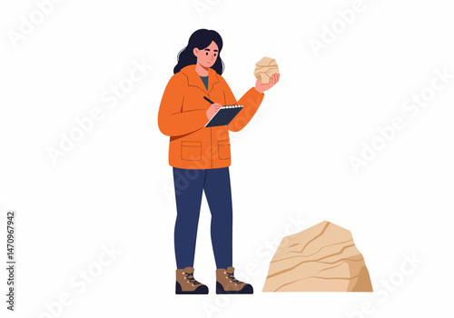 Geologist Examining Rock Sample During Fieldwork and Taking Notes