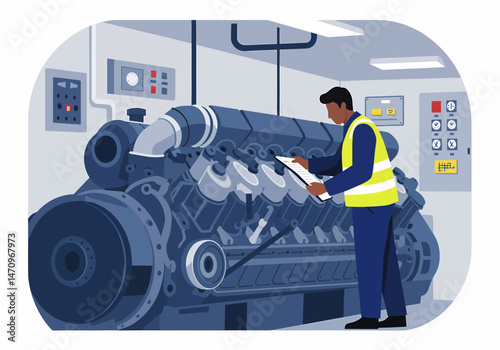 Engineer Inspecting Diesel Generator Machine In Power Plant Maintenance