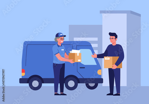 Delivery Courier Handing Package to Customer Near Vehicle Building